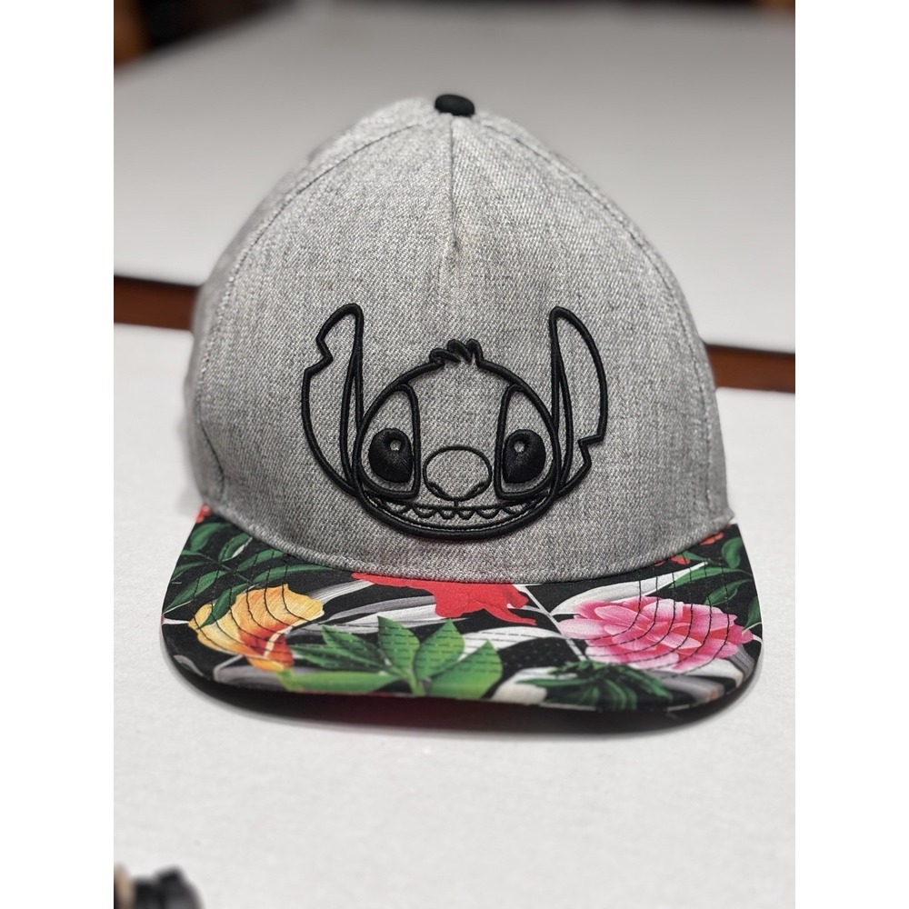 Disney Stitch Snapback Hat Gray Floral Brim Adjustable Cap Lilo‎ & Stitch OSFM